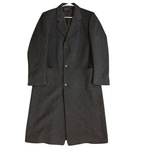 Vintage Made in England Wool Overcoat Charcoal Grey Long Trench Coat Mens XL